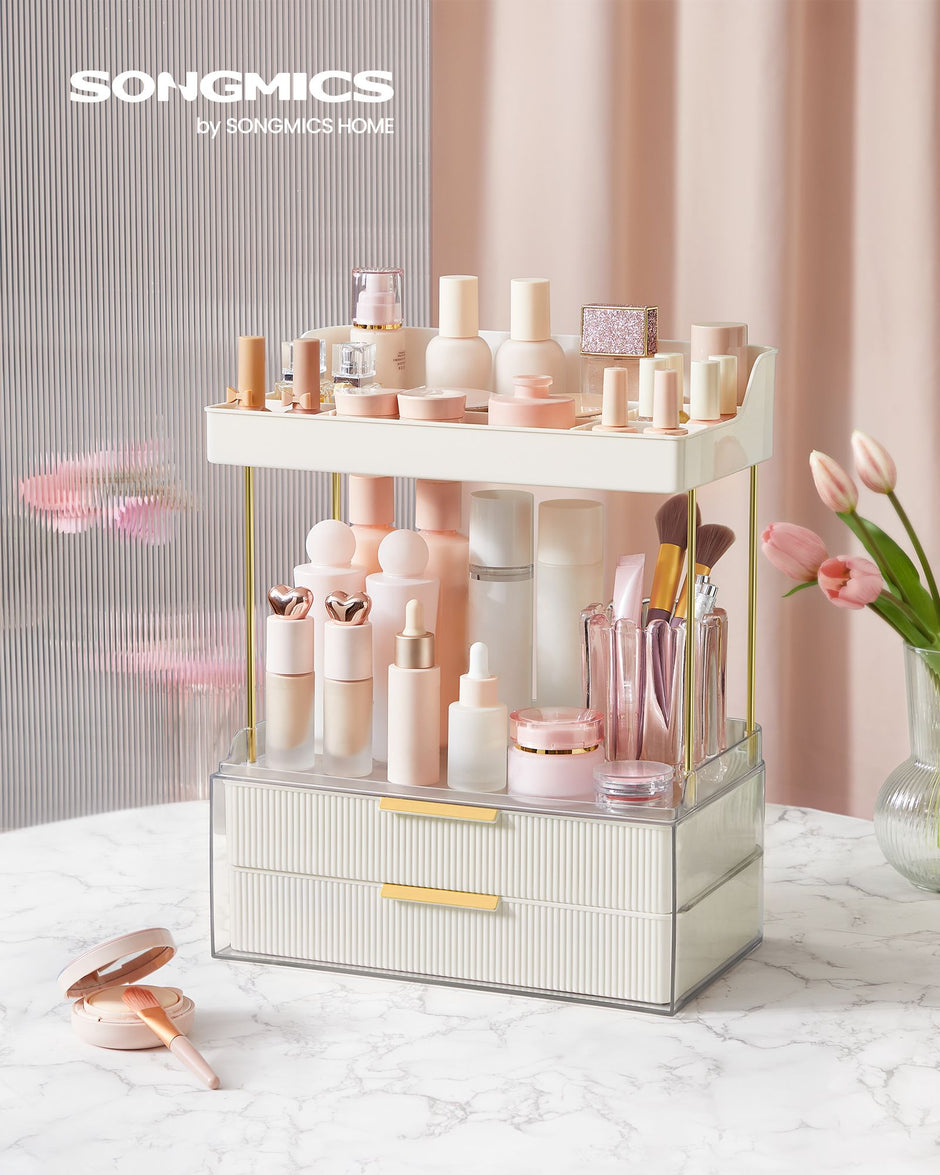 Makeup Organiser – Acrylic – Cloud White – 4 Layers with Dividers and Anti-Slip Design