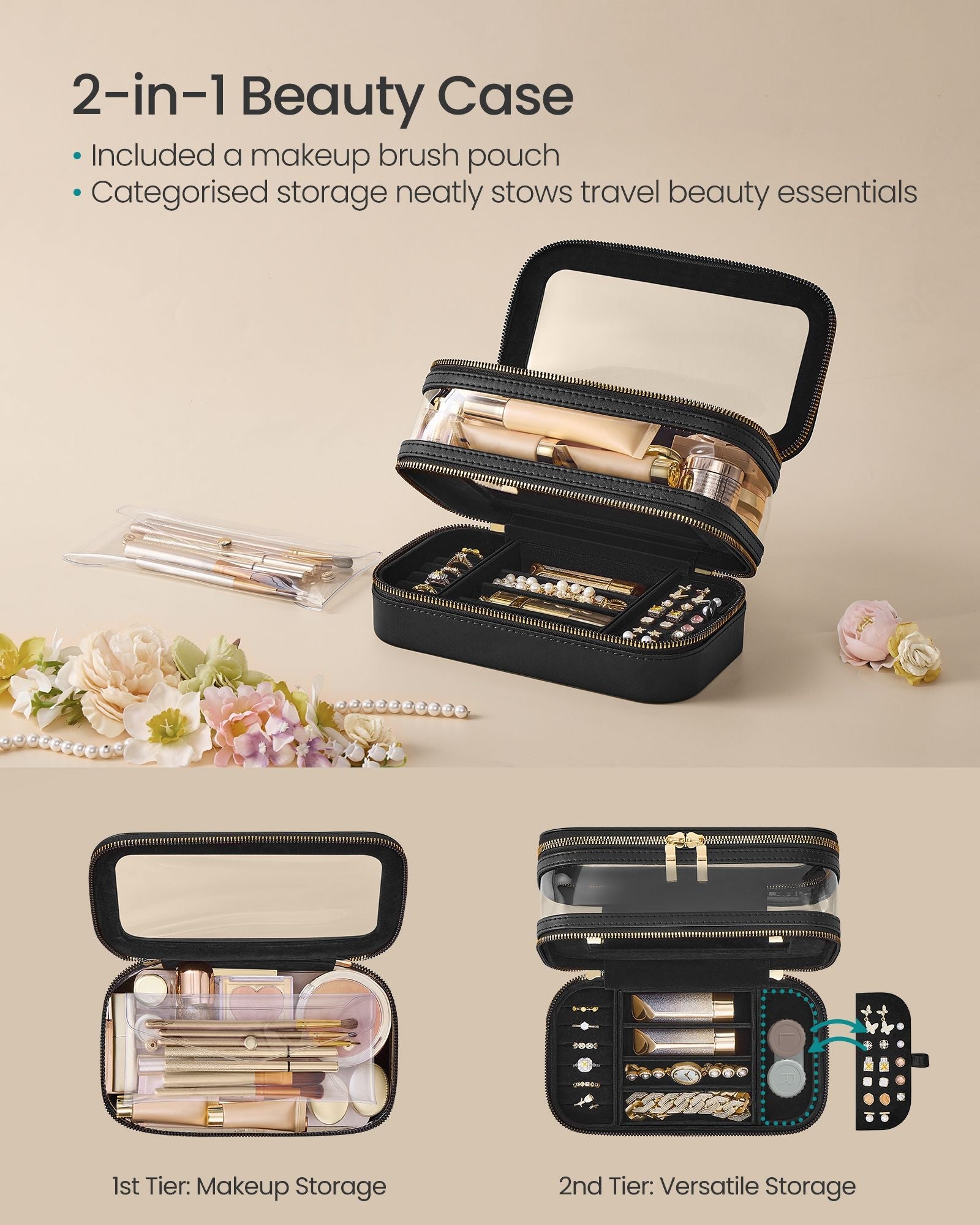Makeup Bag – Fabric – Ink Black – Portable with Separate Brush Bag Pouch