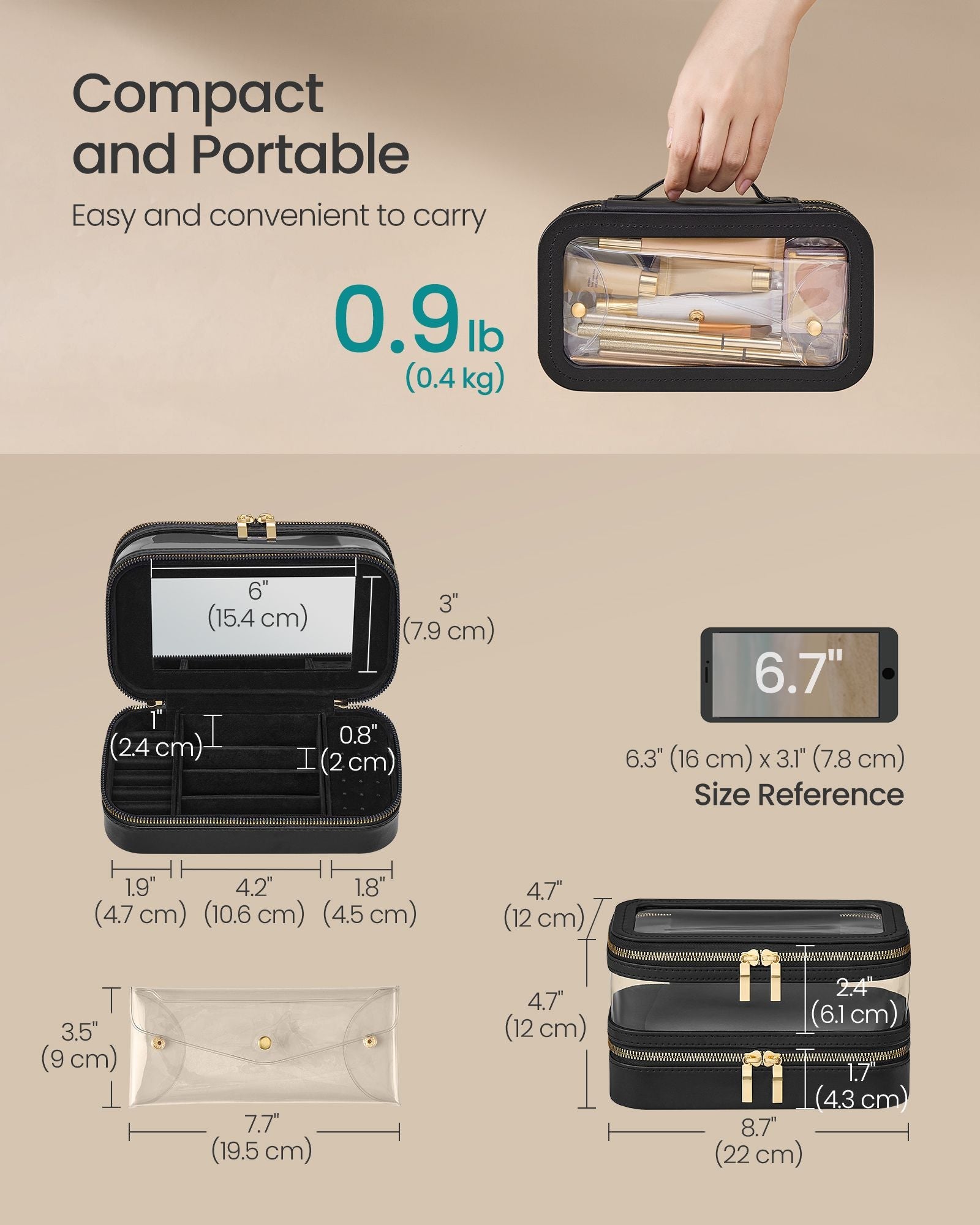 Makeup Bag – Fabric – Ink Black – Portable with Separate Brush Bag Pouch