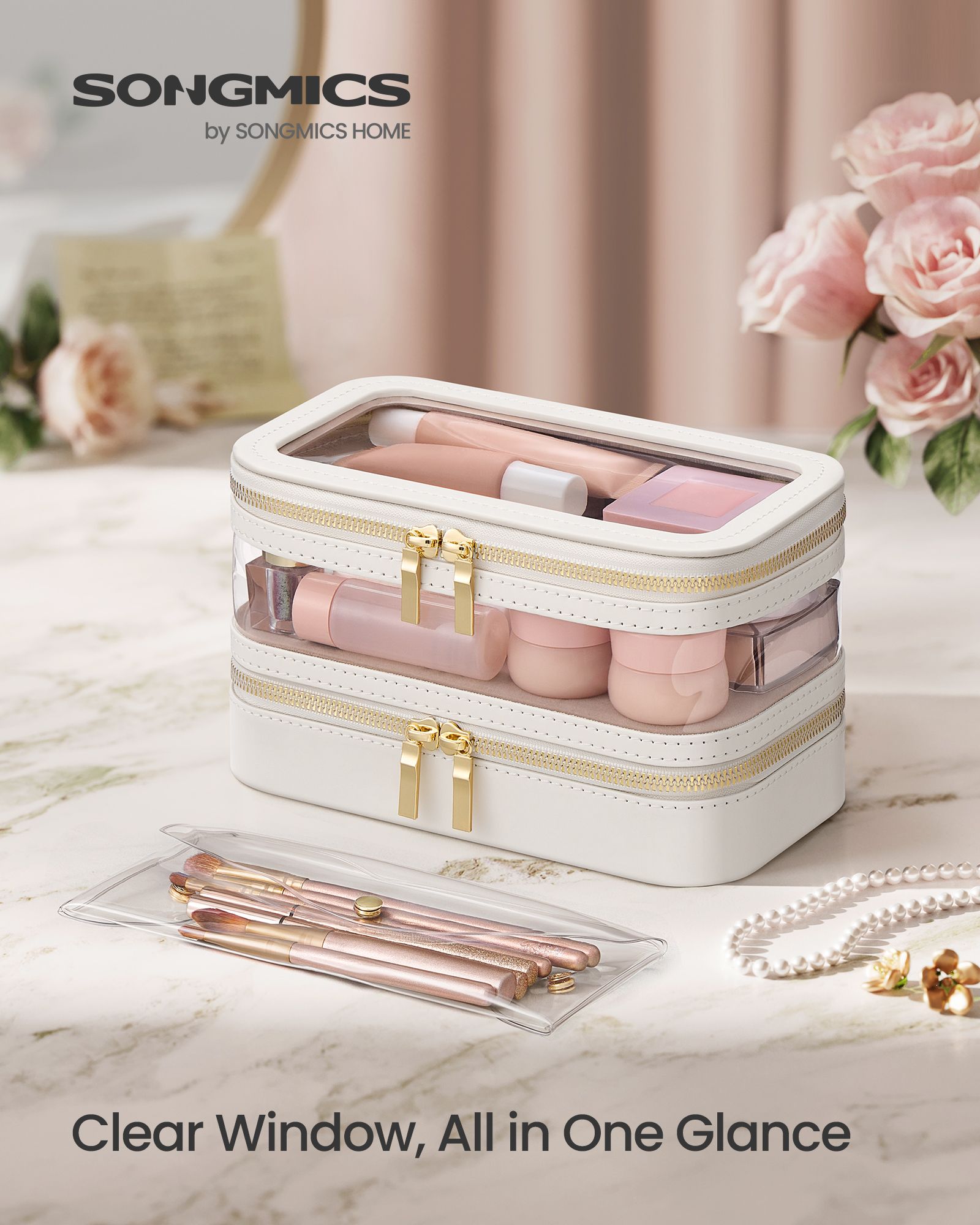 Makeup Bag – Fabric – Cloud White – Includes Separate Brush Pouch