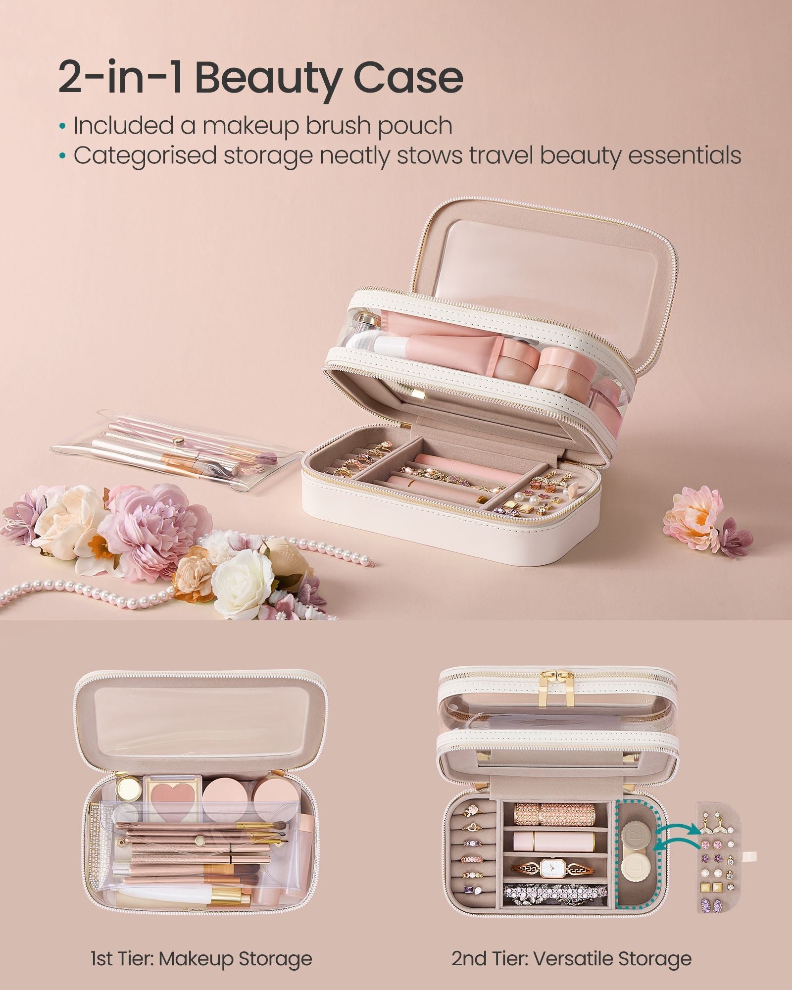 Makeup Bag – Fabric – Cloud White – Includes Separate Brush Pouch