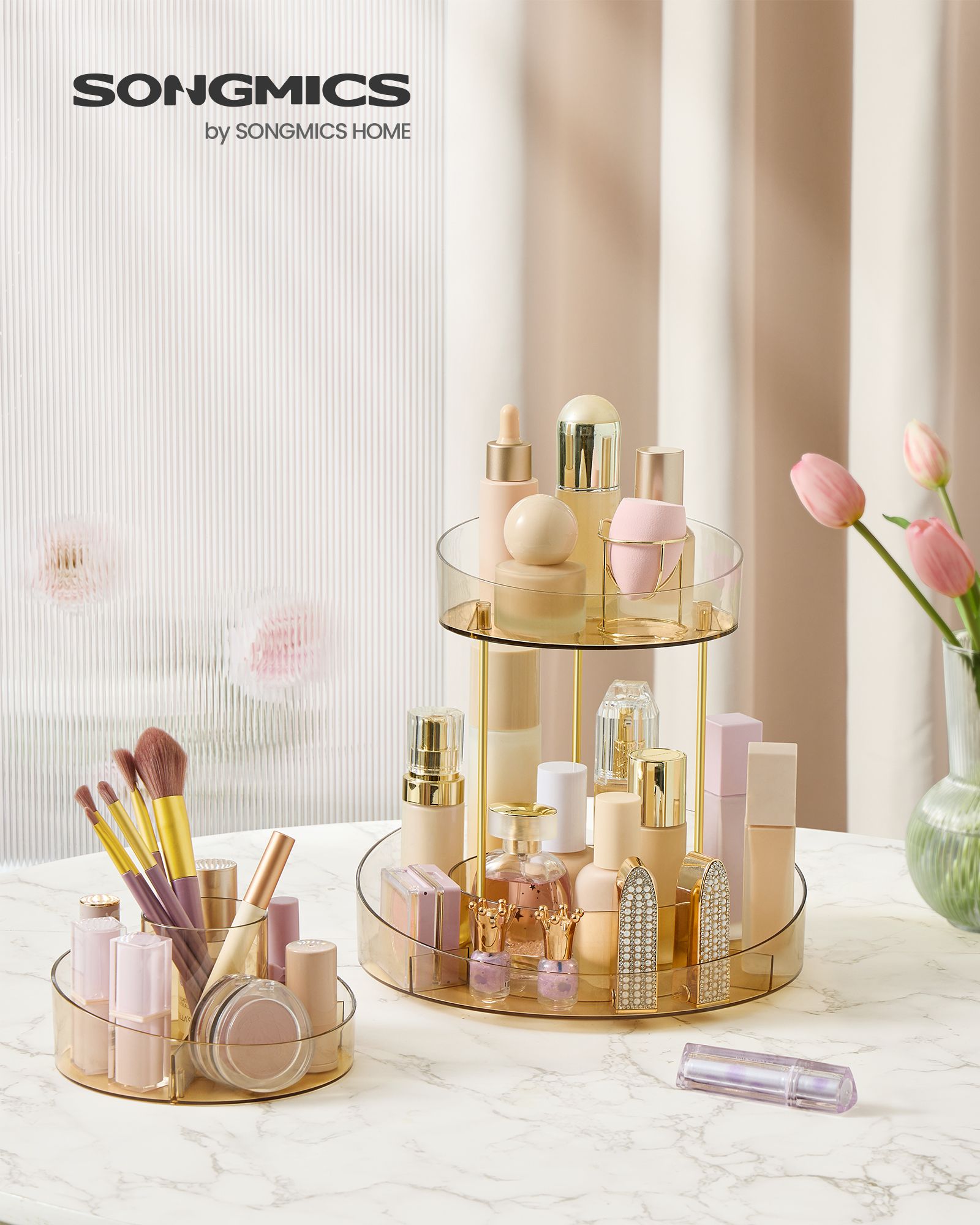 Round Rotating Makeup Organiser – Metal – Champagne Gold – 2-Tier with Extra Top Tray