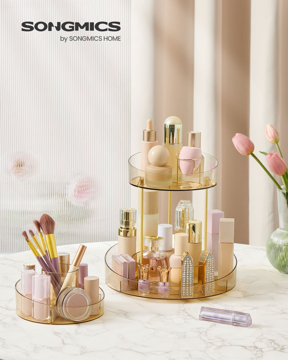 Round Rotating Makeup Organiser – Metal – Champagne Gold – 2-Tier with Extra Top Tray