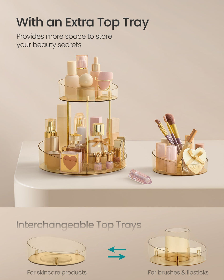 Round Rotating Makeup Organiser – Metal – Champagne Gold – 2-Tier with Extra Top Tray