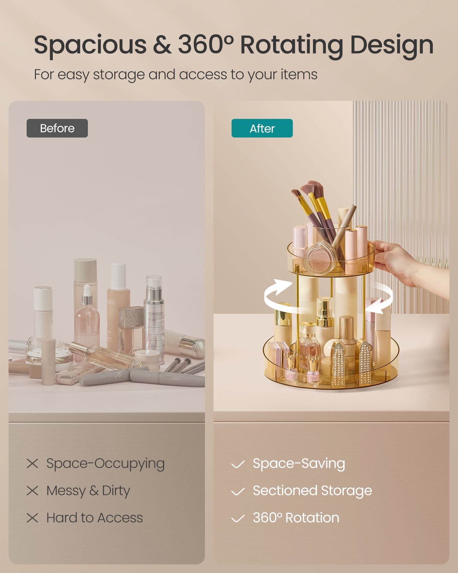 Round Rotating Makeup Organiser – Metal – Champagne Gold – 2-Tier with Extra Top Tray