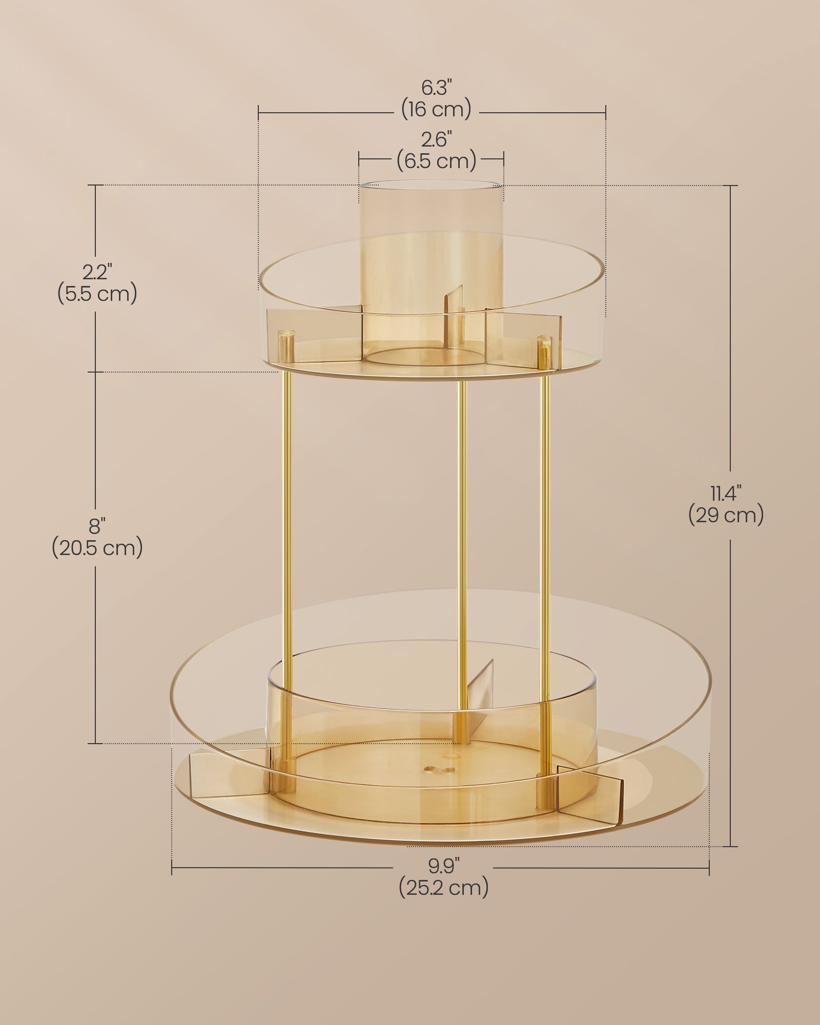 Round Rotating Makeup Organiser – Metal – Champagne Gold – 2-Tier with Extra Top Tray