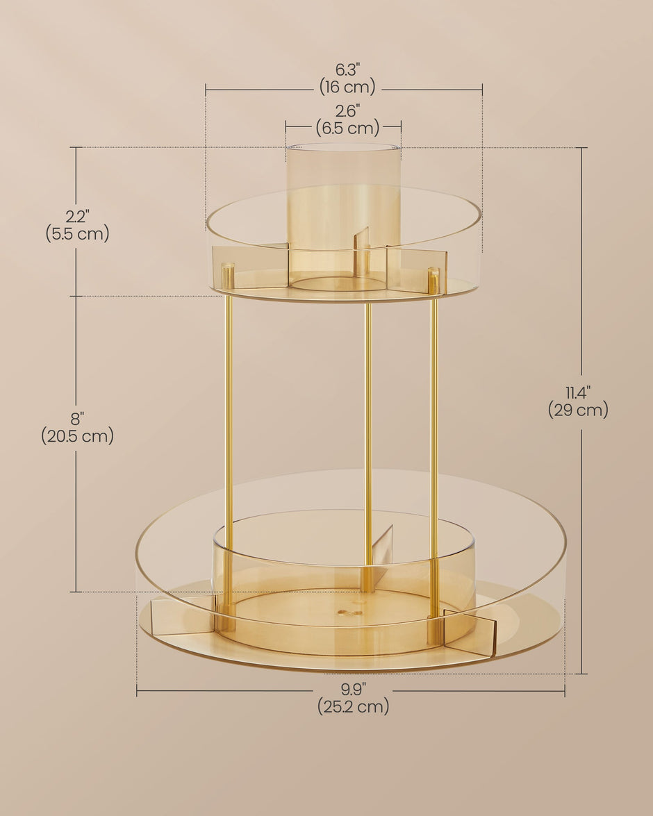 Round Rotating Makeup Organiser – Metal – Champagne Gold – 2-Tier with Extra Top Tray