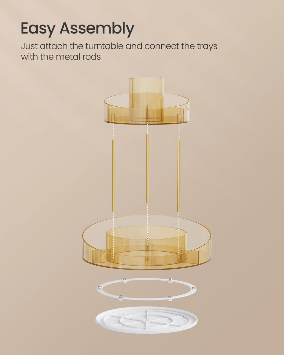 Round Rotating Makeup Organiser – Metal – Champagne Gold – 2-Tier with Extra Top Tray