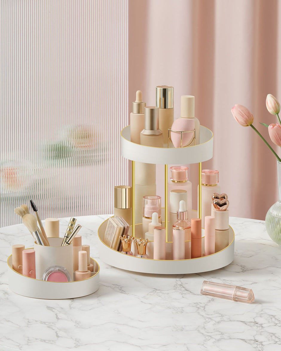 2-Tier Round Rotating Makeup Organiser – Plastic – White and Champagne Gold – Customisable with Extra Top Tray