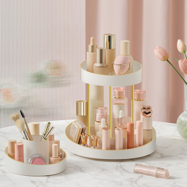 2-Tier Round Rotating Makeup Organiser – Plastic – White and Champagne Gold – Customisable with Extra Top Tray