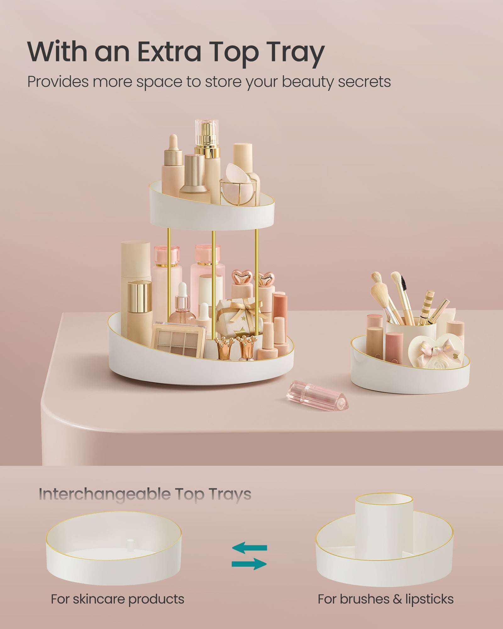 2-Tier Round Rotating Makeup Organiser – Plastic – White and Champagne Gold – Customisable with Extra Top Tray