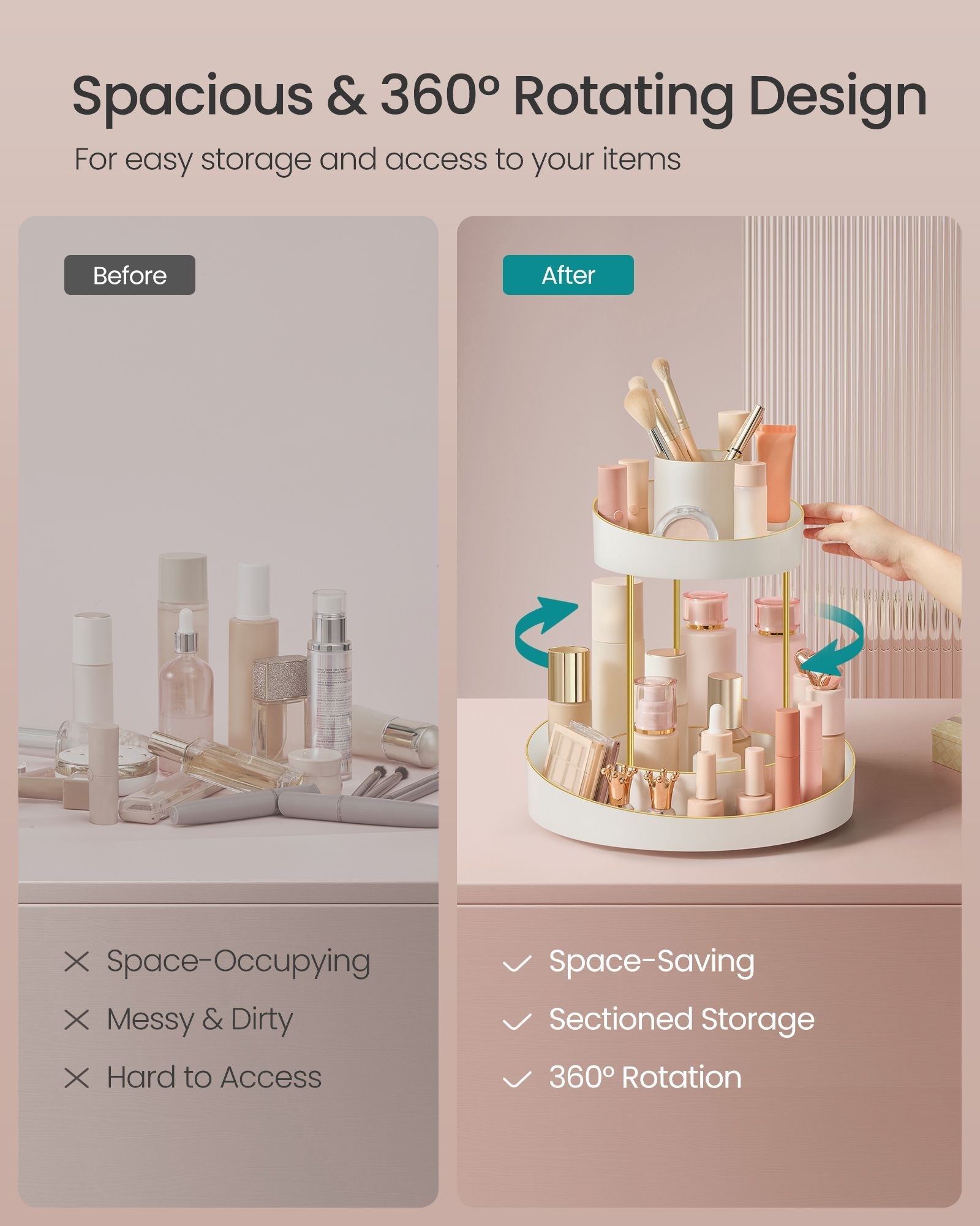 2-Tier Round Rotating Makeup Organiser – Plastic – White and Champagne Gold – Customisable with Extra Top Tray