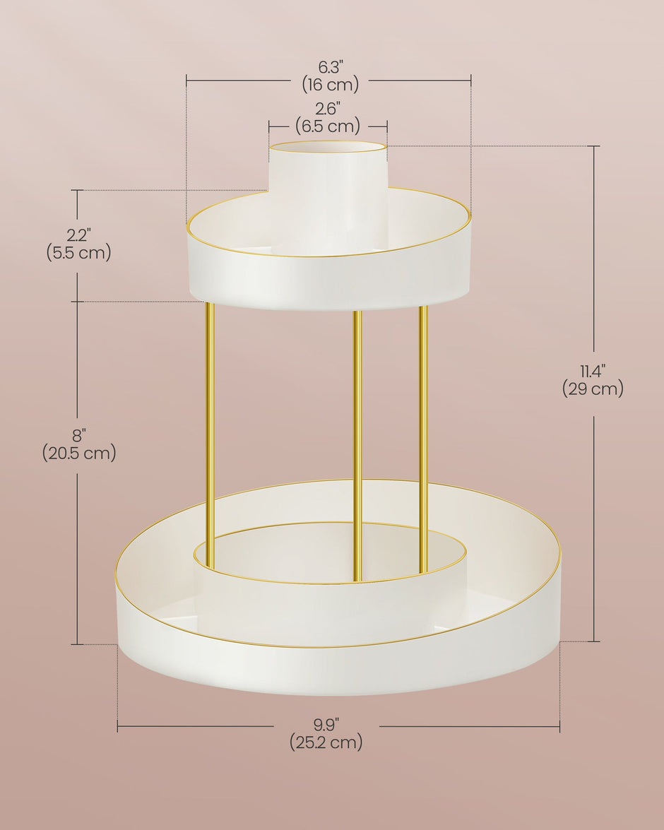 2-Tier Round Rotating Makeup Organiser – Plastic – White and Champagne Gold – Customisable with Extra Top Tray