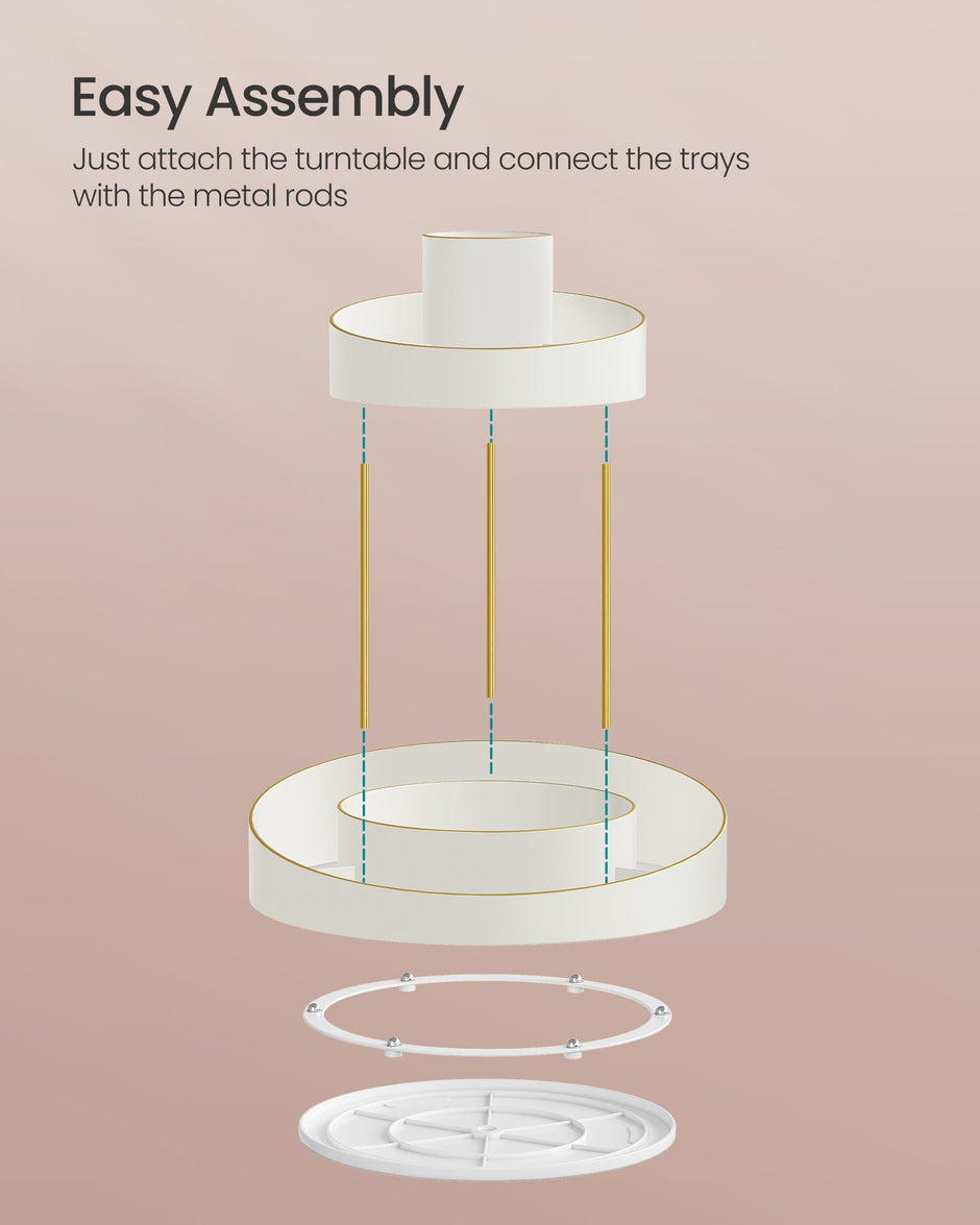 2-Tier Round Rotating Makeup Organiser – Plastic – White and Champagne Gold – Customisable with Extra Top Tray