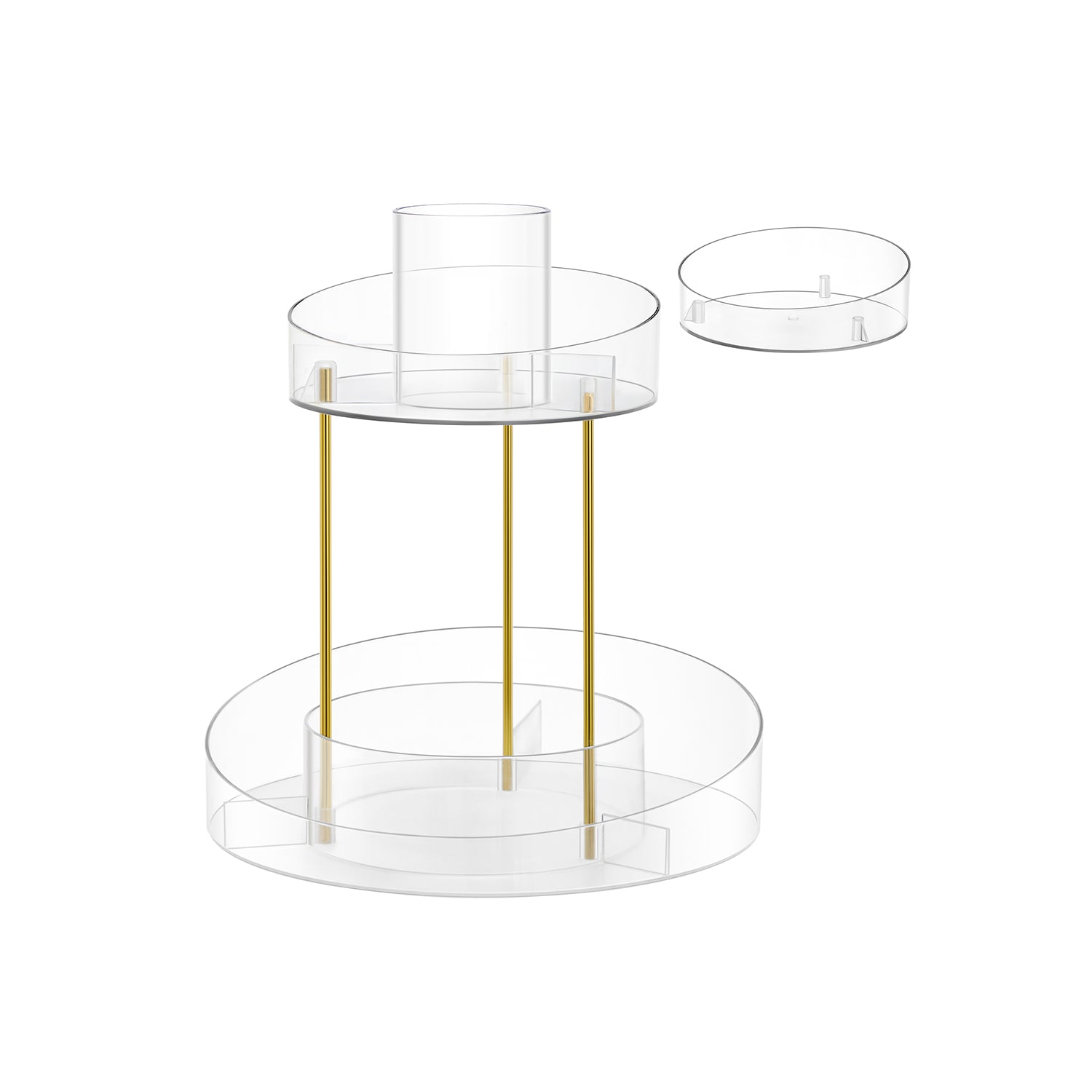 Round Rotating Makeup Organiser – Transparent – Champagne Gold – 2-Tier with Extra Top Tray