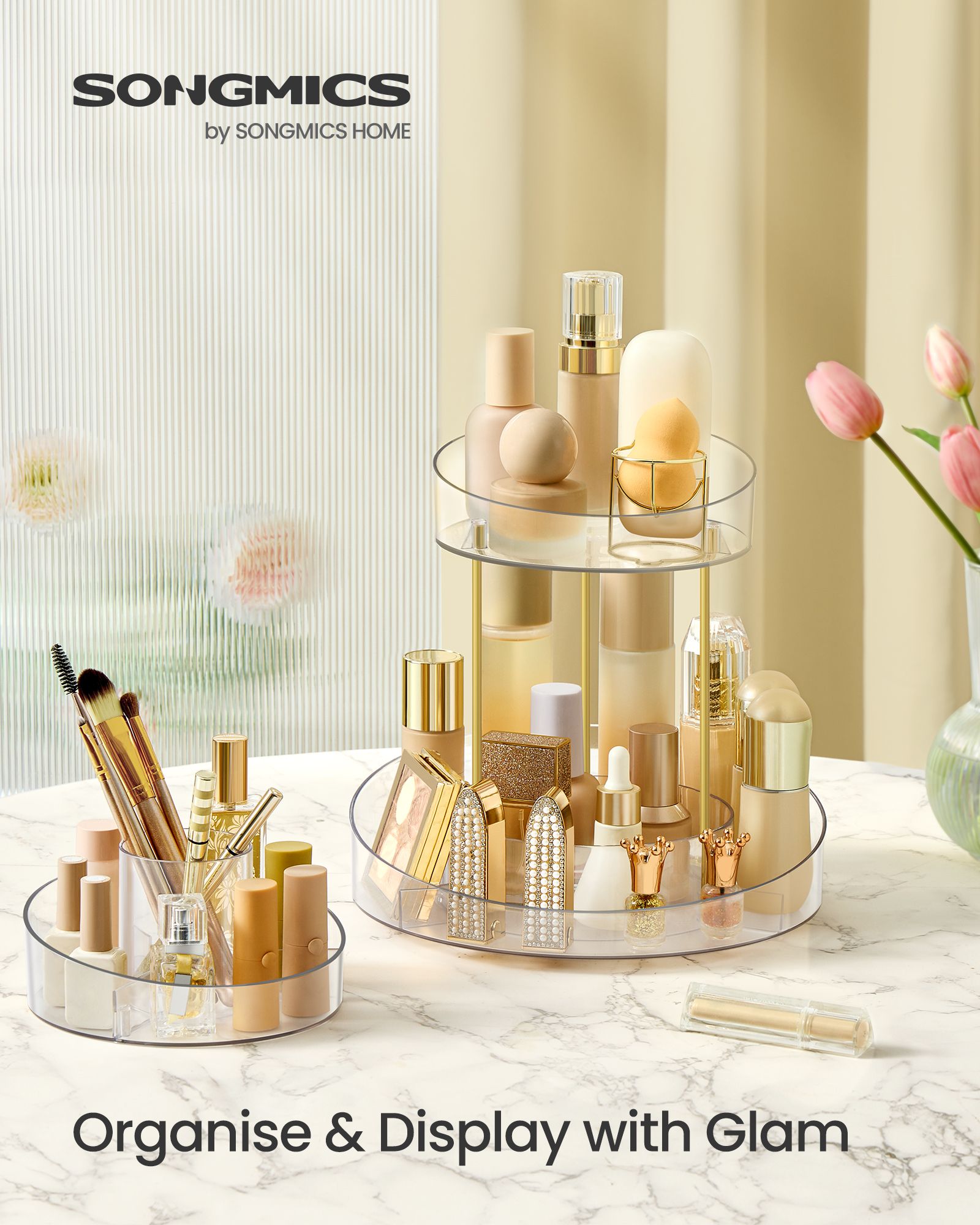 Round Rotating Makeup Organiser – Transparent – Champagne Gold – 2-Tier with Extra Top Tray