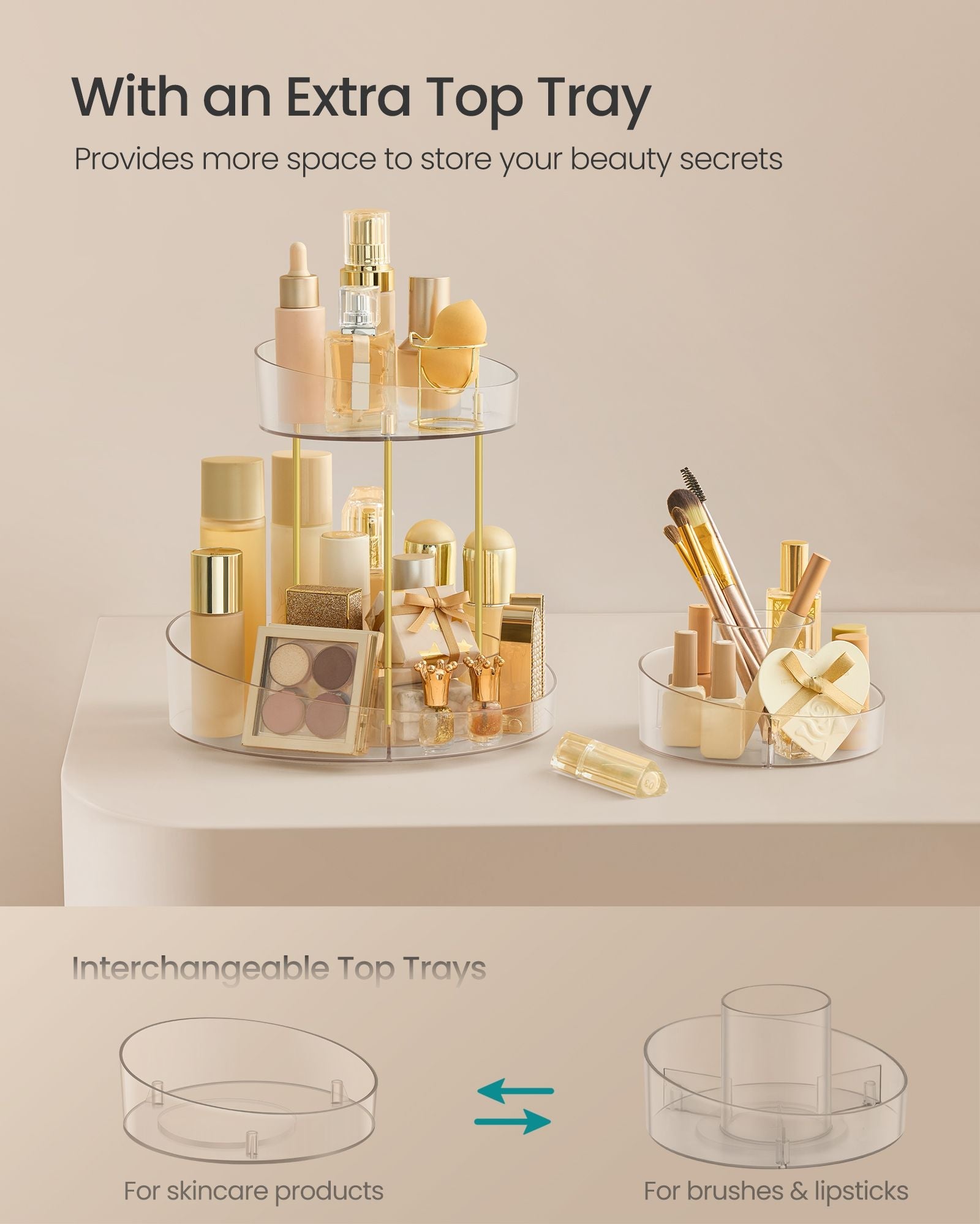 Round Rotating Makeup Organiser – Transparent – Champagne Gold – 2-Tier with Extra Top Tray