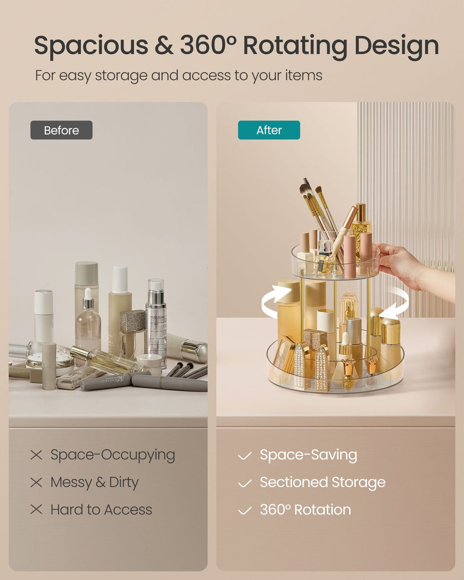Round Rotating Makeup Organiser – Transparent – Champagne Gold – 2-Tier with Extra Top Tray