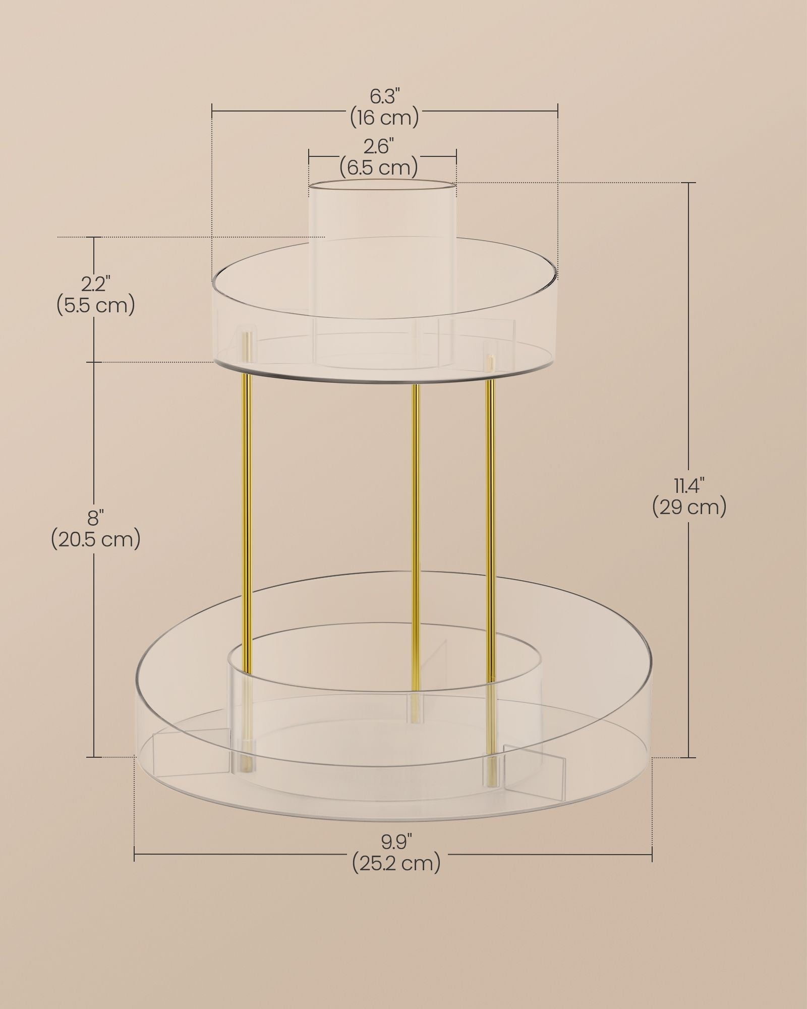 Round Rotating Makeup Organiser – Transparent – Champagne Gold – 2-Tier with Extra Top Tray