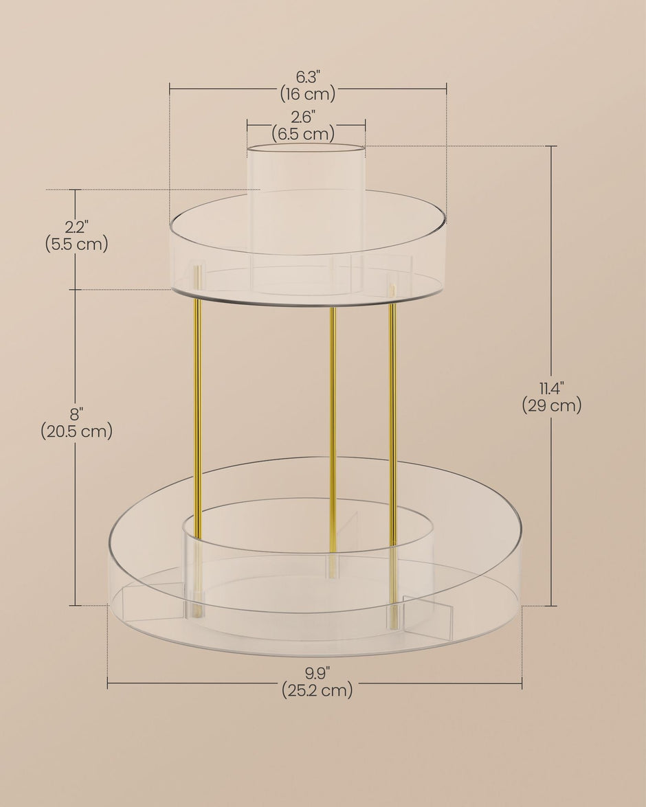 Round Rotating Makeup Organiser – Transparent – Champagne Gold – 2-Tier with Extra Top Tray
