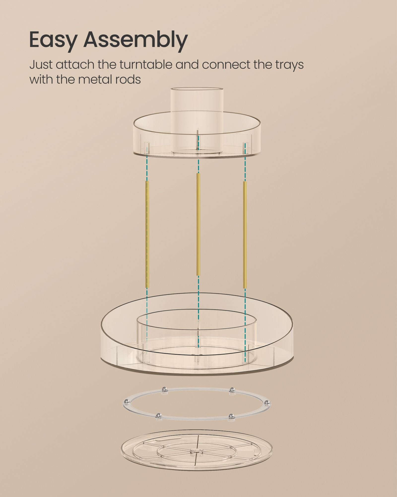 Round Rotating Makeup Organiser – Transparent – Champagne Gold – 2-Tier with Extra Top Tray