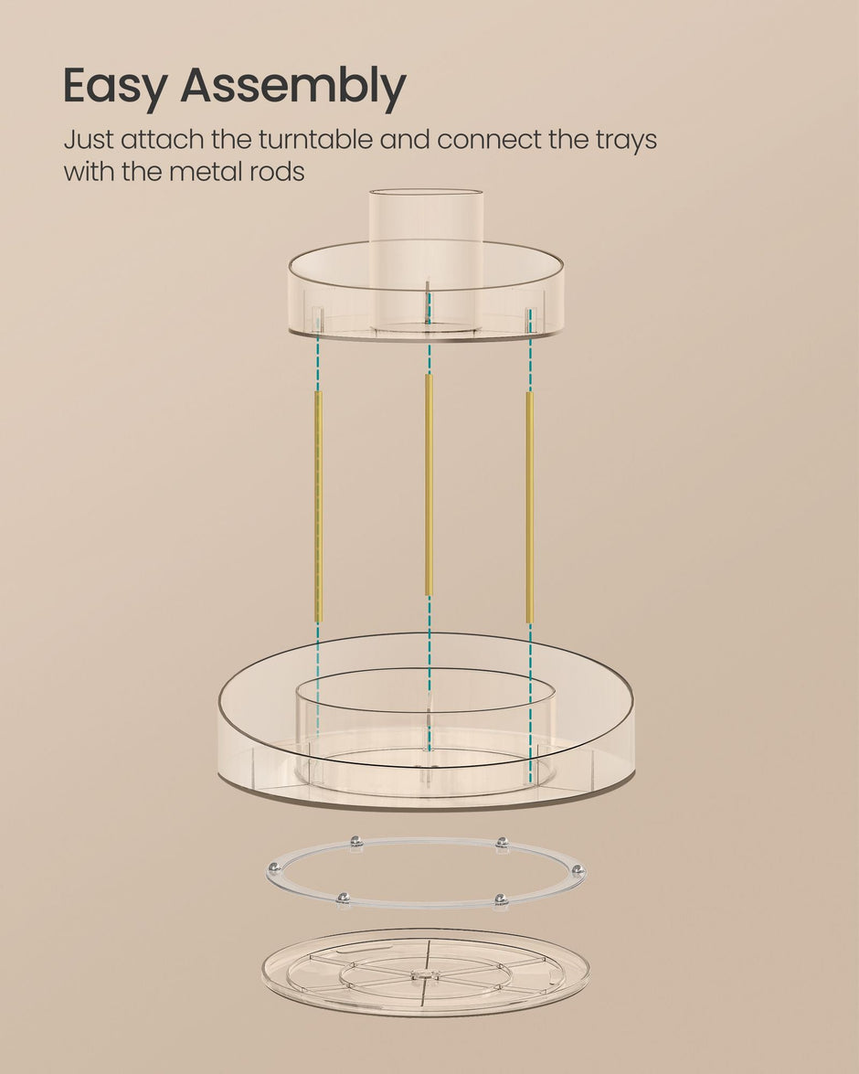 Round Rotating Makeup Organiser – Transparent – Champagne Gold – 2-Tier with Extra Top Tray