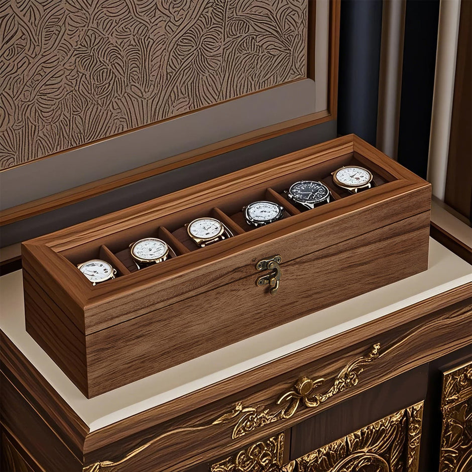 Watch Box – Solid Wood – Rustic Walnut – 6-Slot Display Case with Glass Lid and Removable Pillows