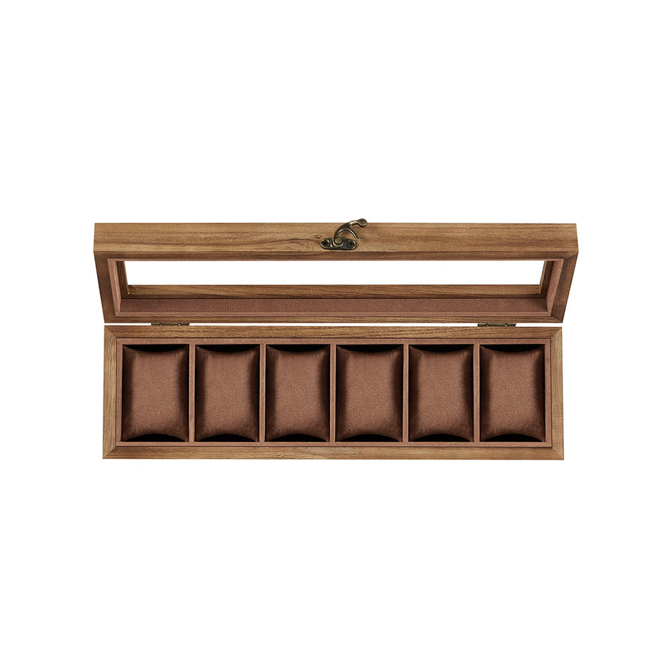 Watch Box – Solid Wood – Rustic Walnut – 6 Slots with Glass Lid and Removable Pillows