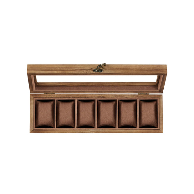 Watch Box – Solid Wood – Rustic Walnut – 6 Slots with Glass Lid and Removable Pillows
