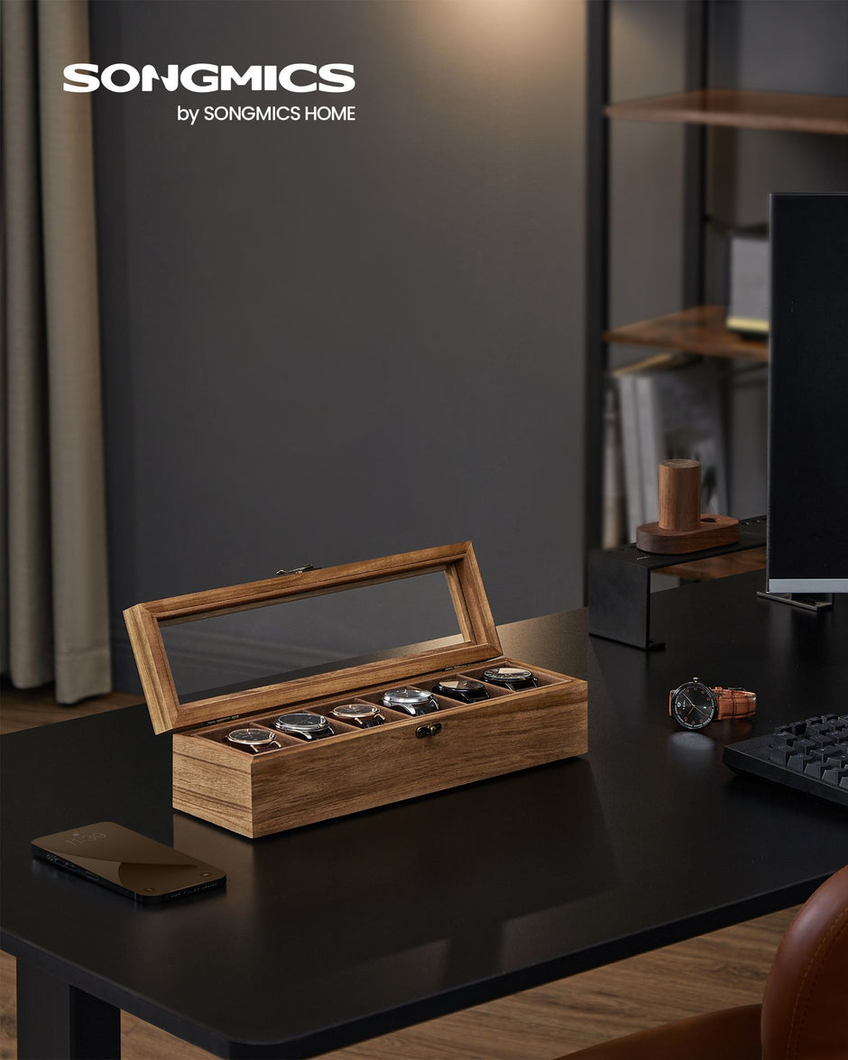 Watch Box – Solid Wood – Rustic Walnut – 6 Slots with Glass Lid and Removable Pillows