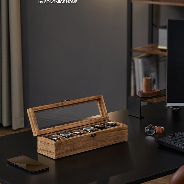 Watch Box – Solid Wood – Rustic Walnut – 6 Slots with Glass Lid and Removable Pillows