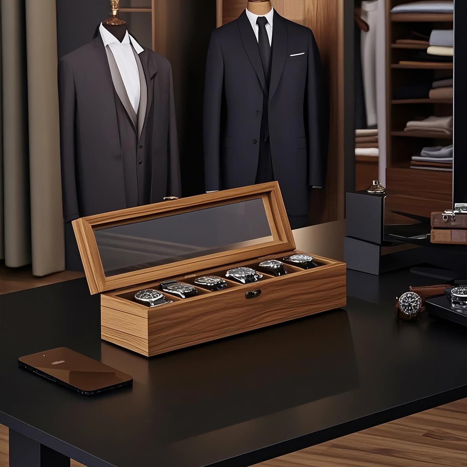 Watch Box – Solid Wood – Rustic Walnut – 6-Slot Display Case with Glass Lid and Removable Pillows