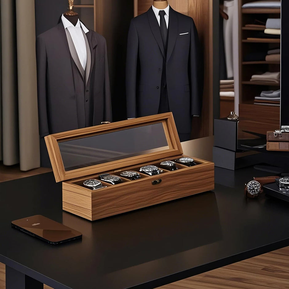 Watch Box – Solid Wood – Rustic Walnut – 6-Slot Display Case with Glass Lid and Removable Pillows