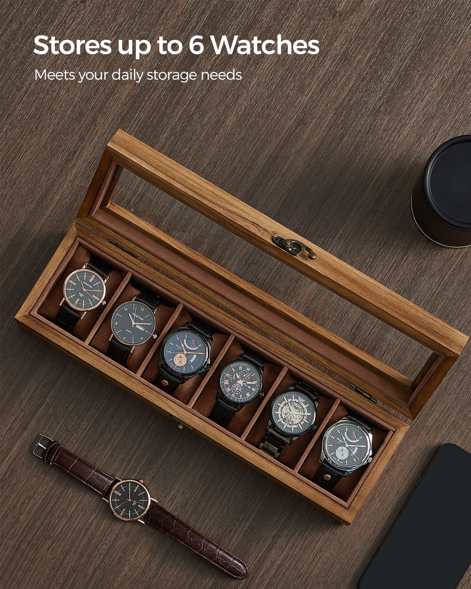 Watch Box – Solid Wood – Rustic Walnut – 6 Slots with Glass Lid and Removable Pillows