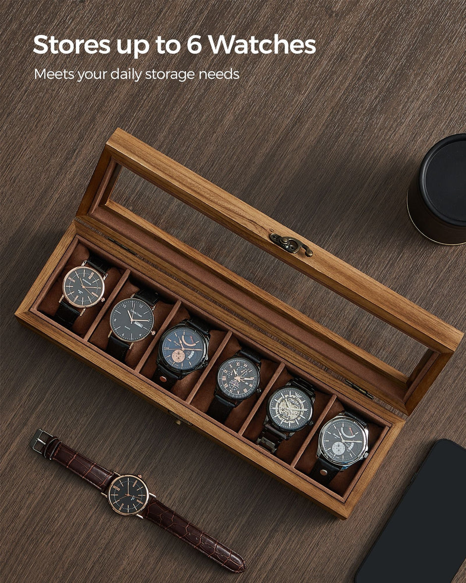 Watch Box – Solid Wood – Rustic Walnut – 6 Slots with Glass Lid and Removable Pillows