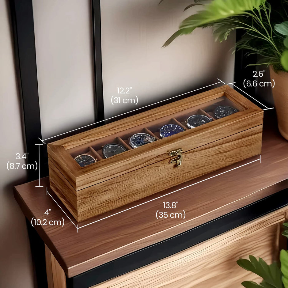 Watch Box – Solid Wood – Rustic Walnut – 6-Slot Display Case with Glass Lid and Removable Pillows