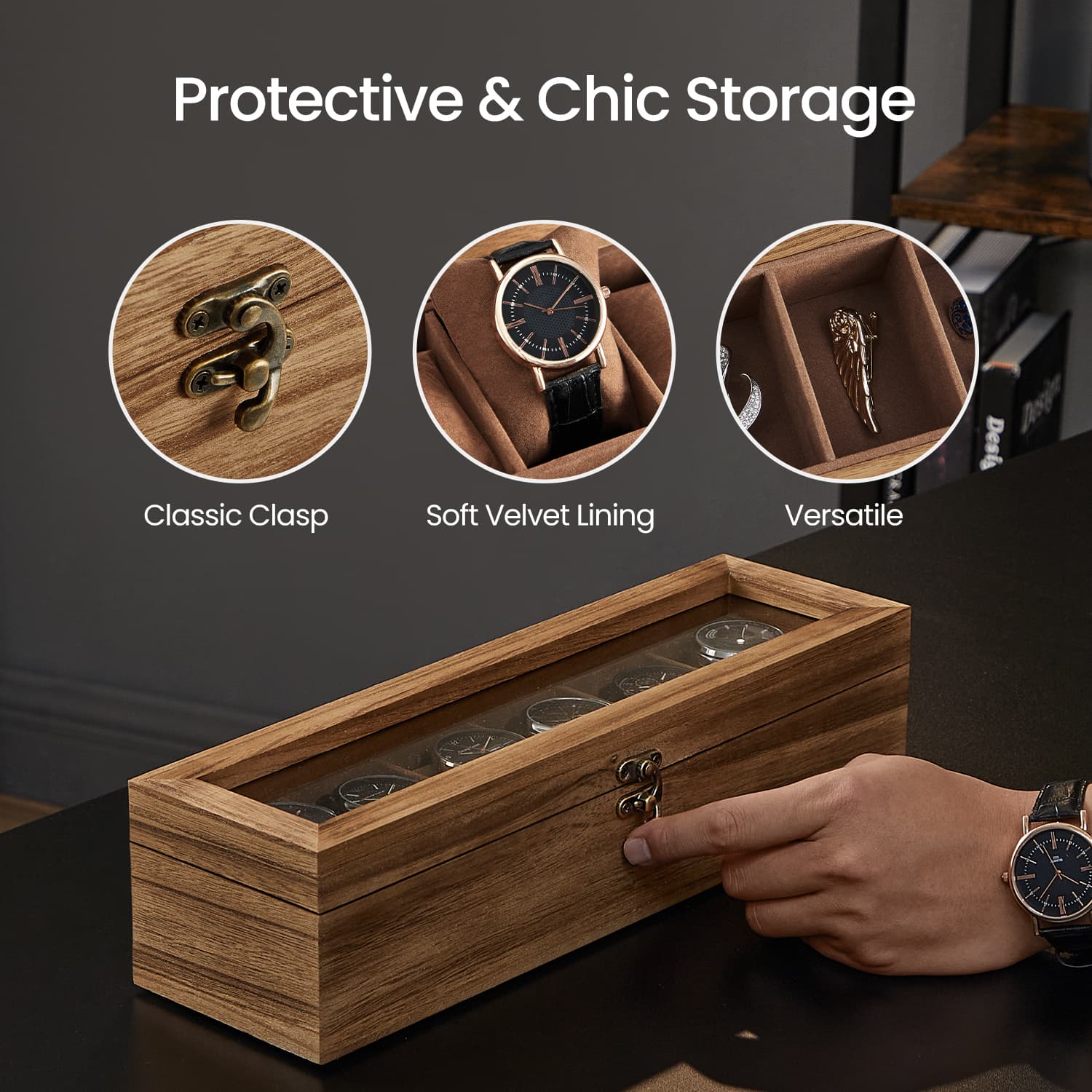 Watch Box – Solid Wood – Rustic Walnut – 6-Slot Display Case with Glass Lid and Removable Pillows