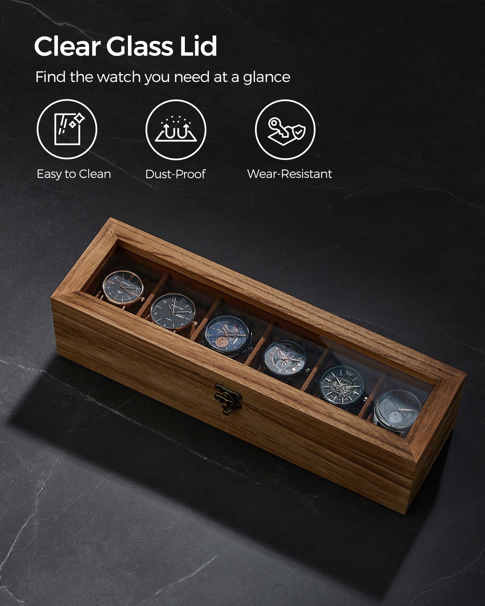 Watch Box – Solid Wood – Rustic Walnut – 6 Slots with Glass Lid and Removable Pillows