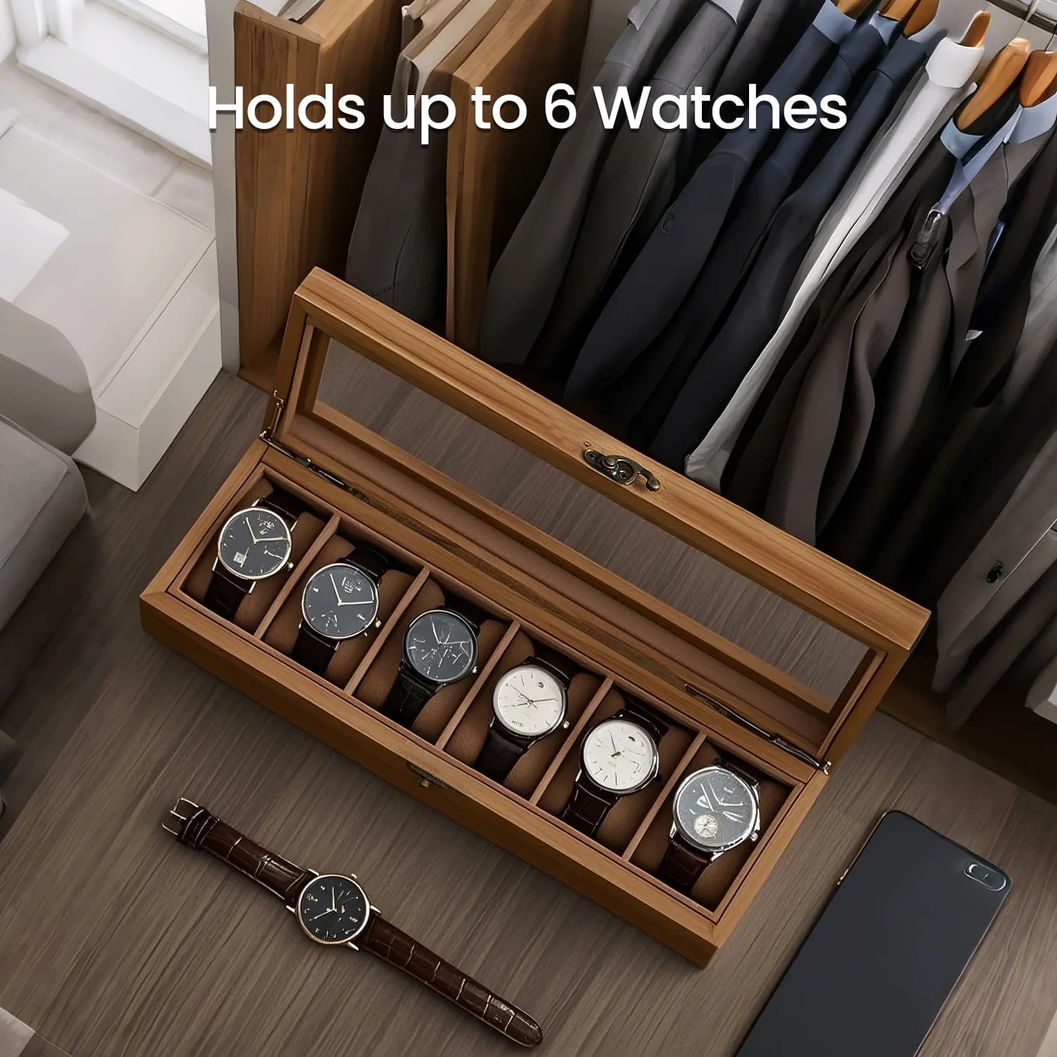 Watch Box – Solid Wood – Rustic Walnut – 6-Slot Display Case with Glass Lid and Removable Pillows