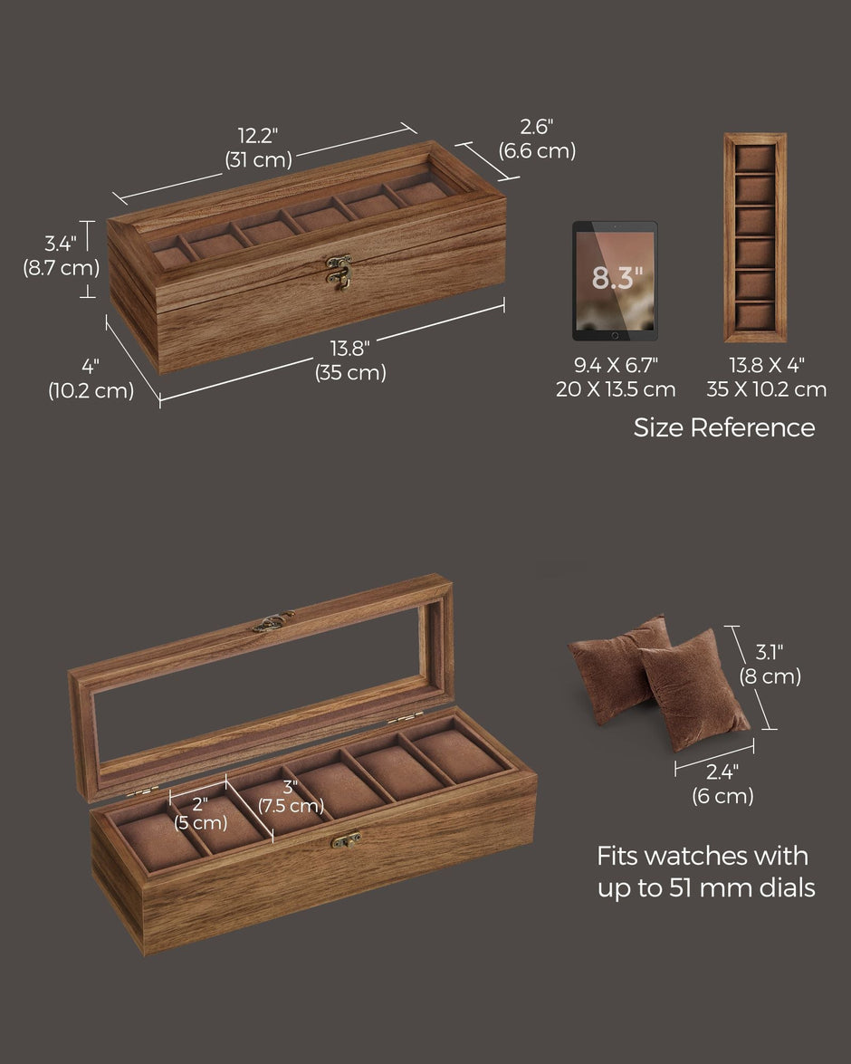 Watch Box – Solid Wood – Rustic Walnut – 6 Slots with Glass Lid and Removable Pillows