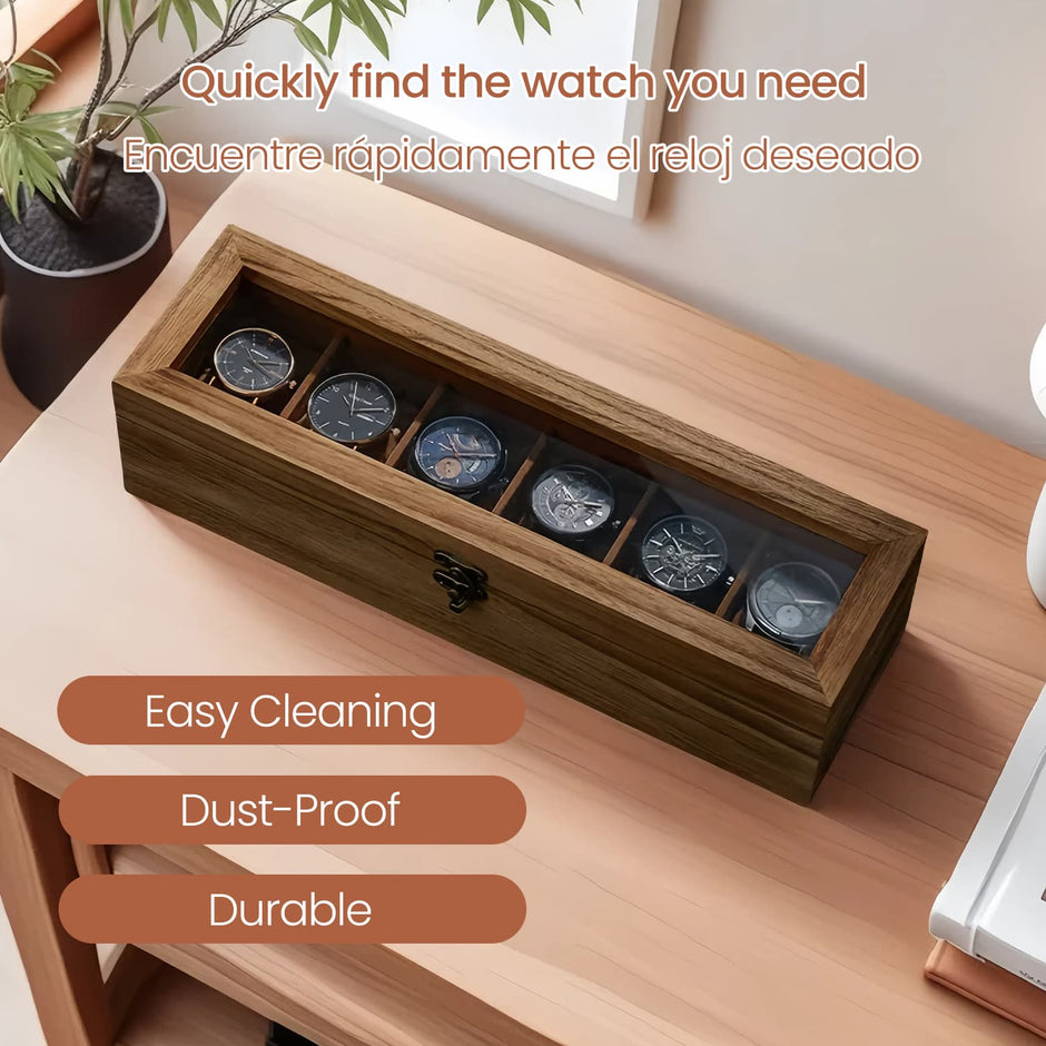 Watch Box – Solid Wood – Rustic Walnut – 6-Slot Display Case with Glass Lid and Removable Pillows