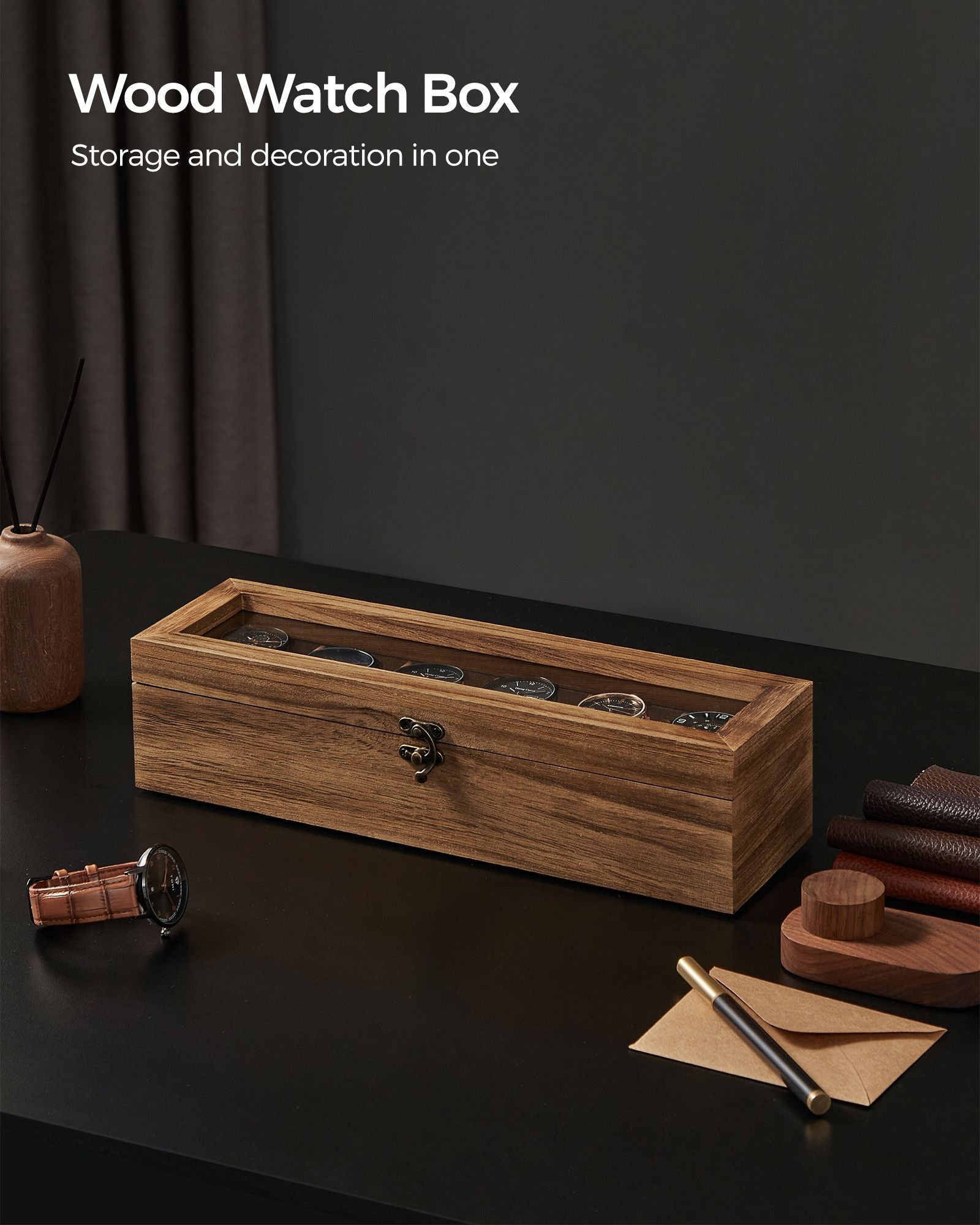 Watch Box – Solid Wood – Rustic Walnut – 6 Slots with Glass Lid and Removable Pillows