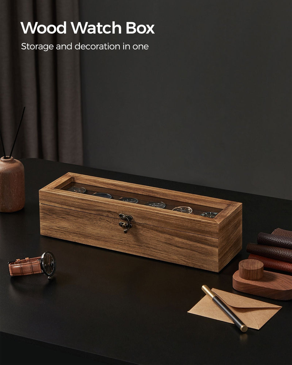 Watch Box – Solid Wood – Rustic Walnut – 6 Slots with Glass Lid and Removable Pillows