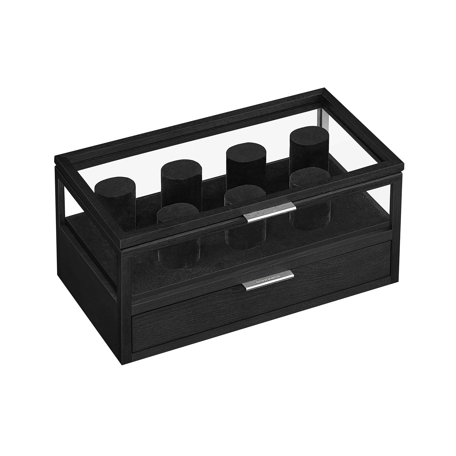 2-Tier Watch Box – Solid Wood and Acrylic – Ink Black – Velvet Lining with 7 Pillars and Drawer