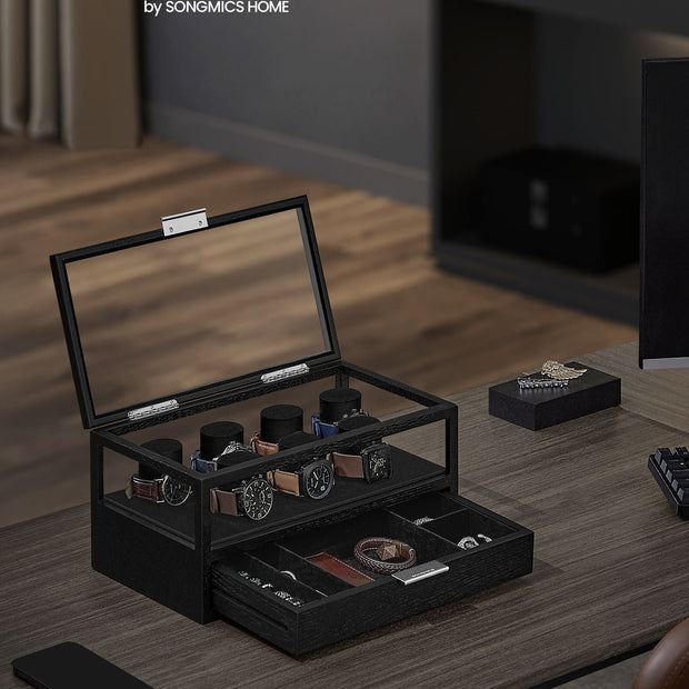 2-Tier Watch Box – Solid Wood and Acrylic – Ink Black – Velvet Lining with 7 Pillars and Drawer