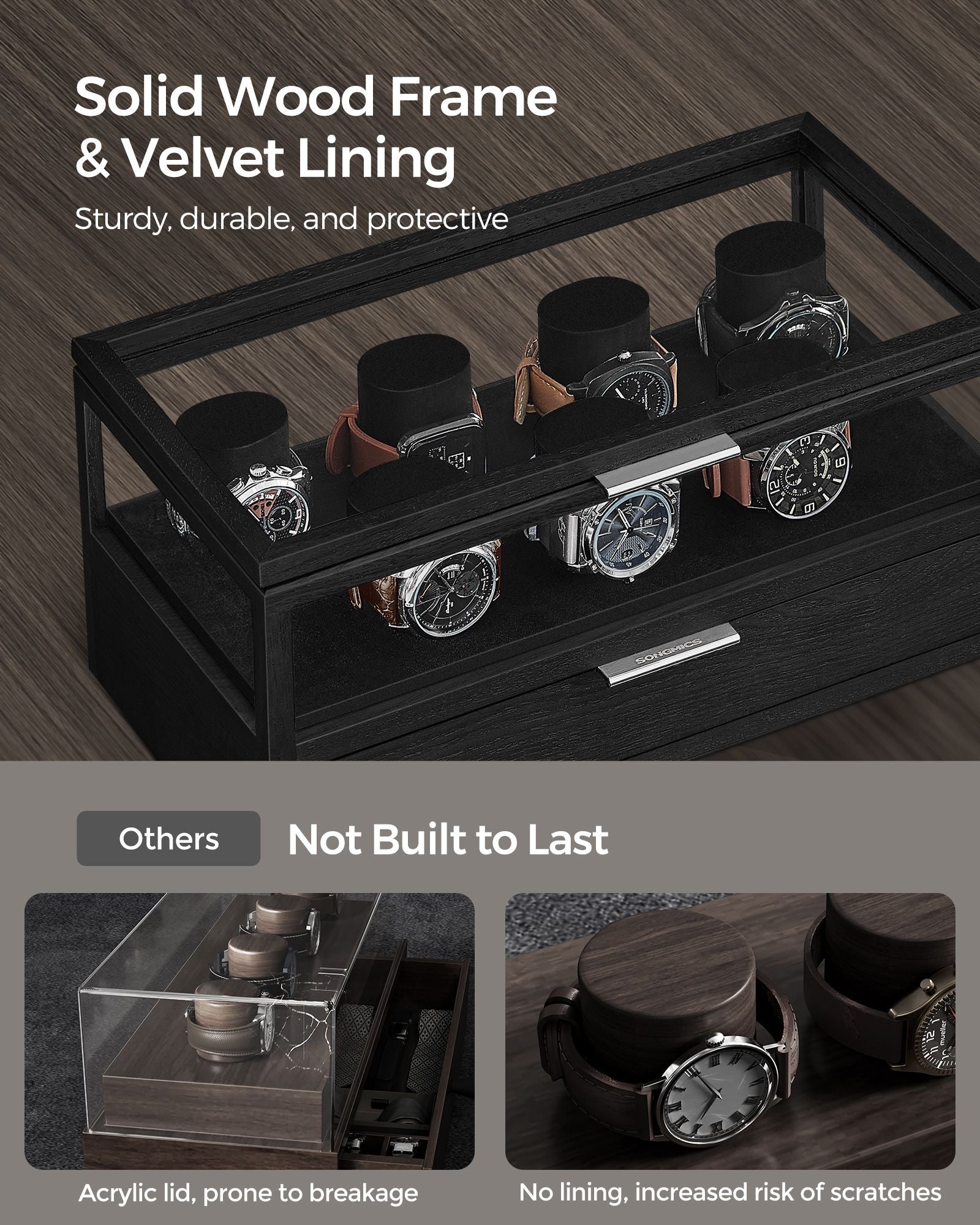 2-Tier Watch Box – Solid Wood and Acrylic – Ink Black – Velvet Lining with 7 Pillars and Drawer