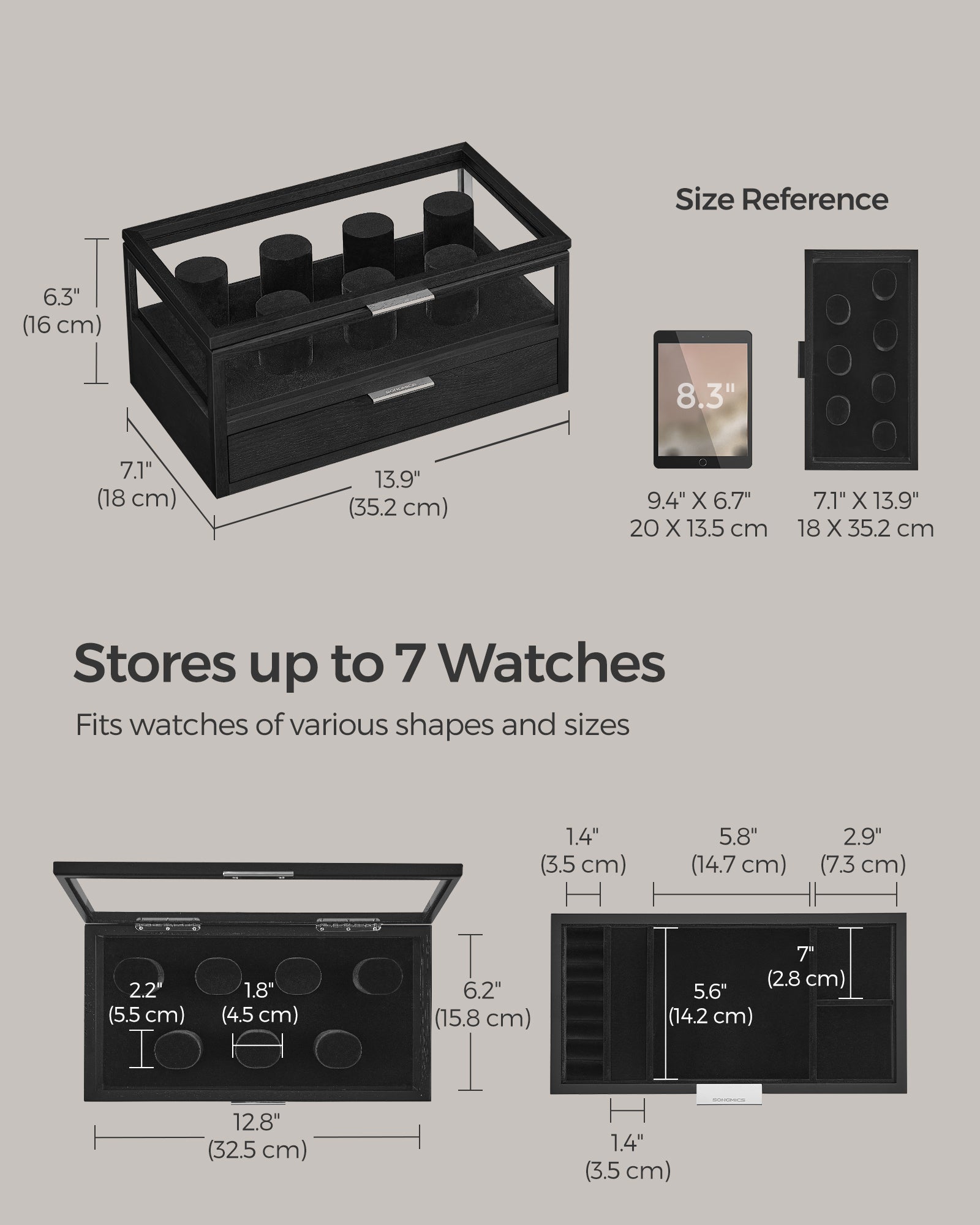 2-Tier Watch Box – Solid Wood and Acrylic – Ink Black – Velvet Lining with 7 Pillars and Drawer