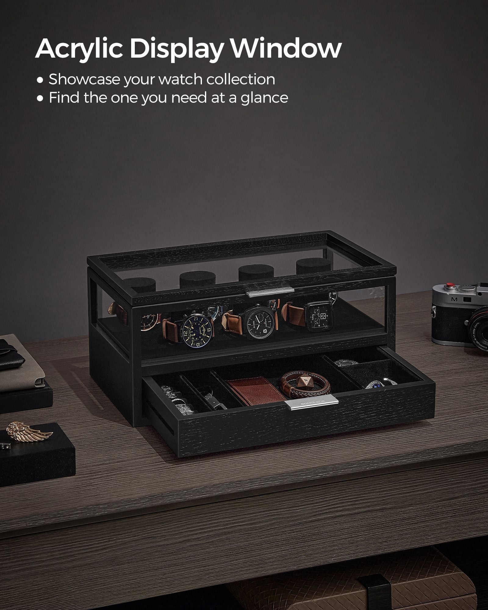 2-Tier Watch Box – Solid Wood and Acrylic – Ink Black – Velvet Lining with 7 Pillars and Drawer