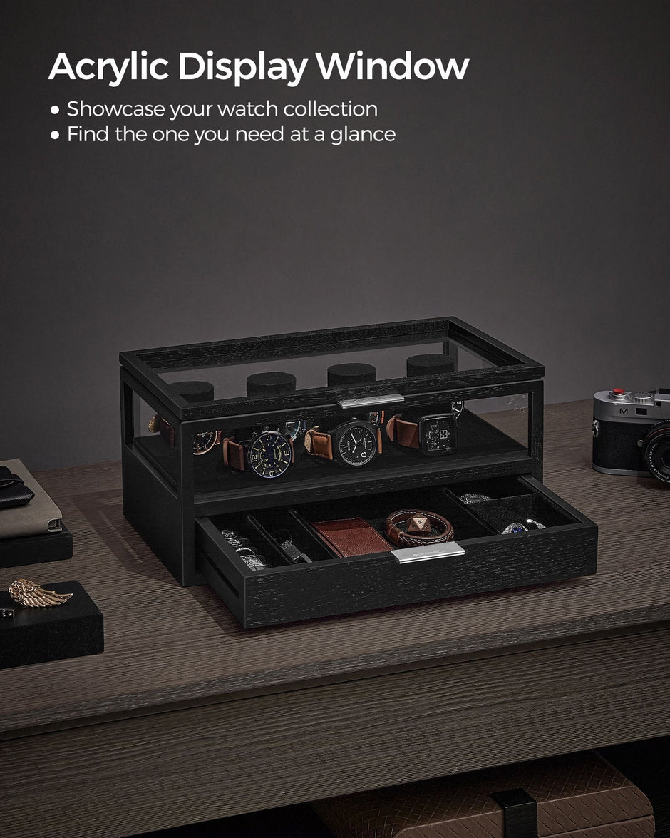 2-Tier Watch Box – Solid Wood and Acrylic – Ink Black – Velvet Lining with 7 Pillars and Drawer