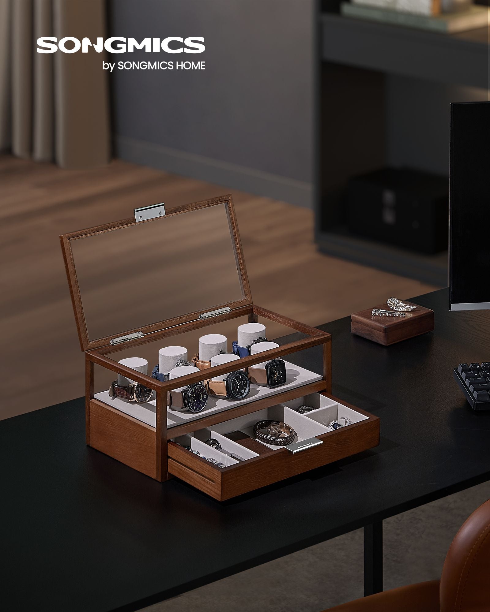 2-Tier Watch Box – Solid Wood – Natural Finish – 7 Pillars with Drawer and Velvet Lining